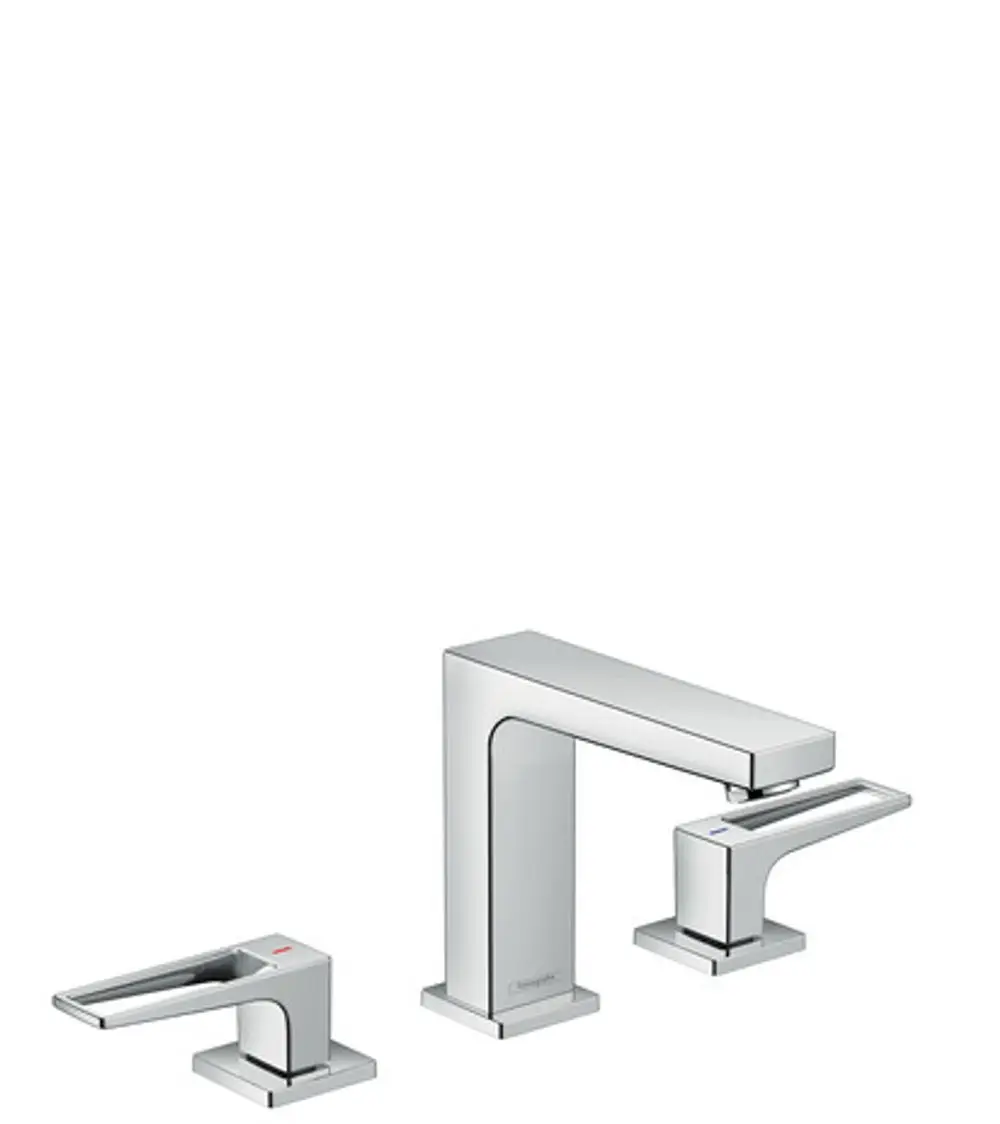 Hansgrohe Waschtischarmatur in Chrom, bestehend aus drei Teilen: einer zentralen Armatur mit zwei seitlichen Kontrollgriffen und einer Push-Open Ablaufgarnitur.